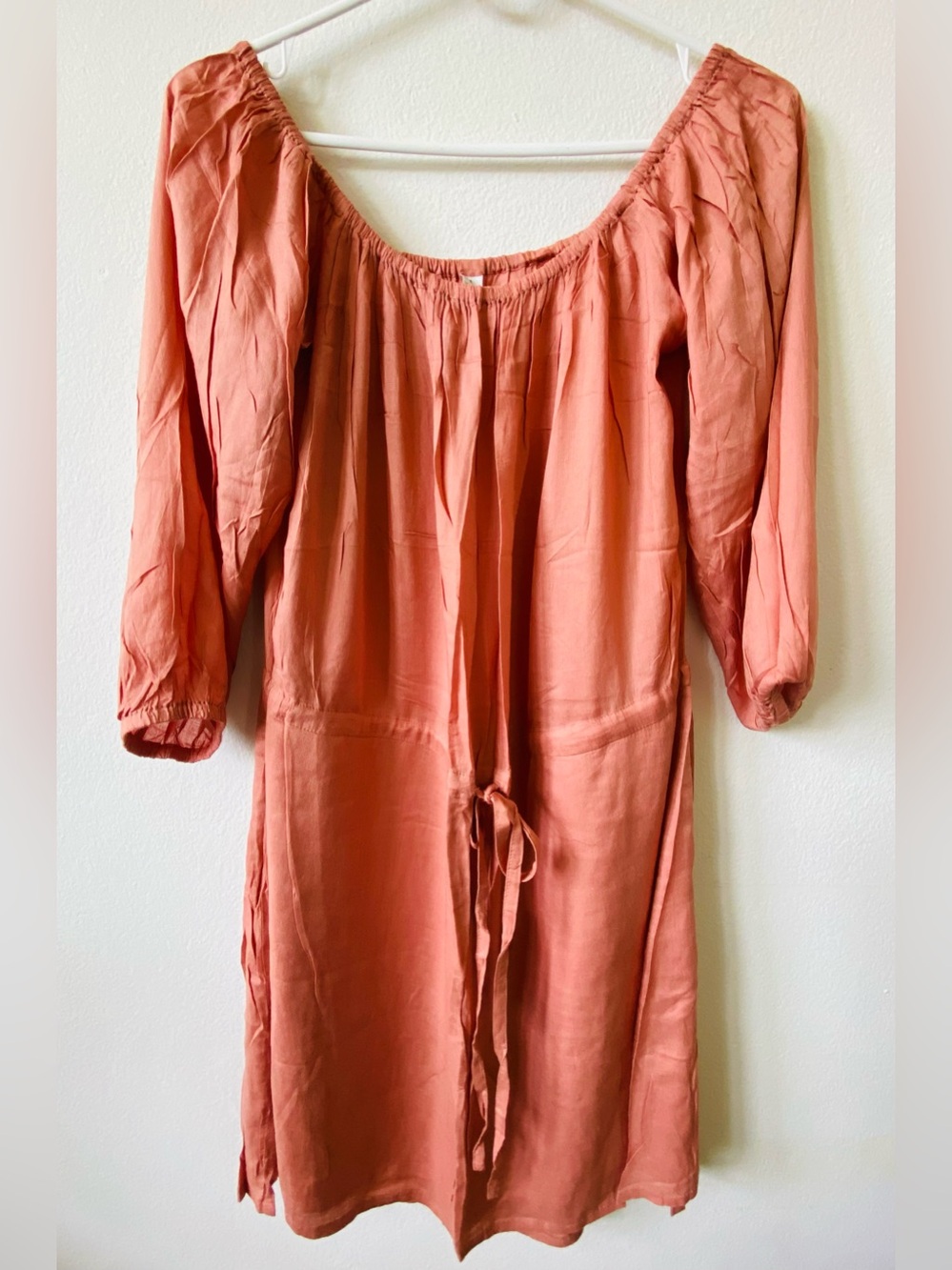 Boho Off-The-Shoulder Dress | Peach/Rust | Tie Waist L